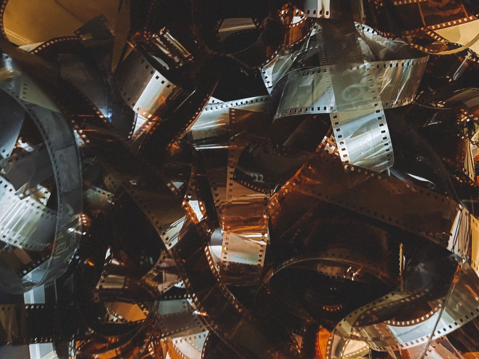 Close-up of tangled archival film reels.