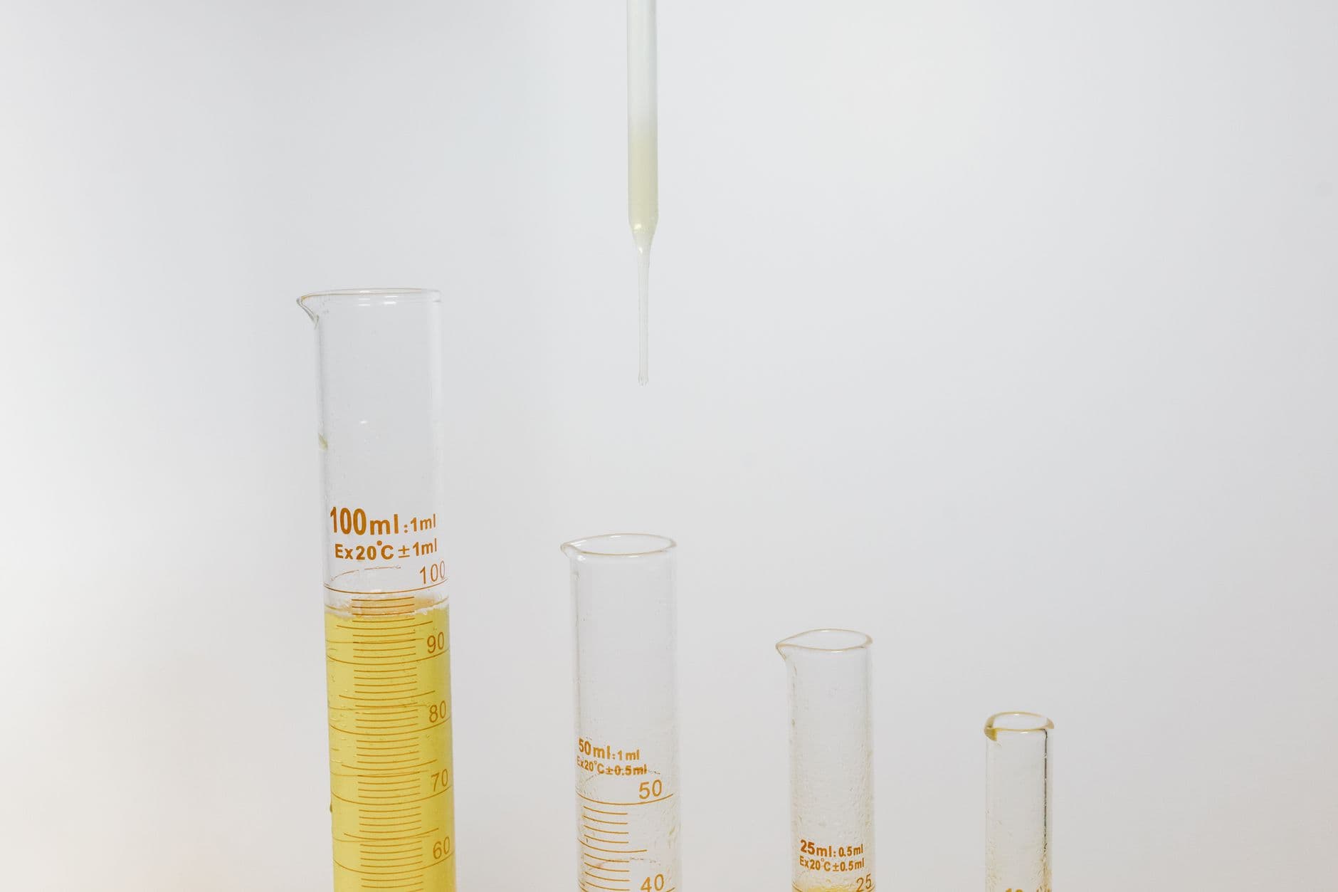 Graduated cylinders and pipette on a laboratory bench.